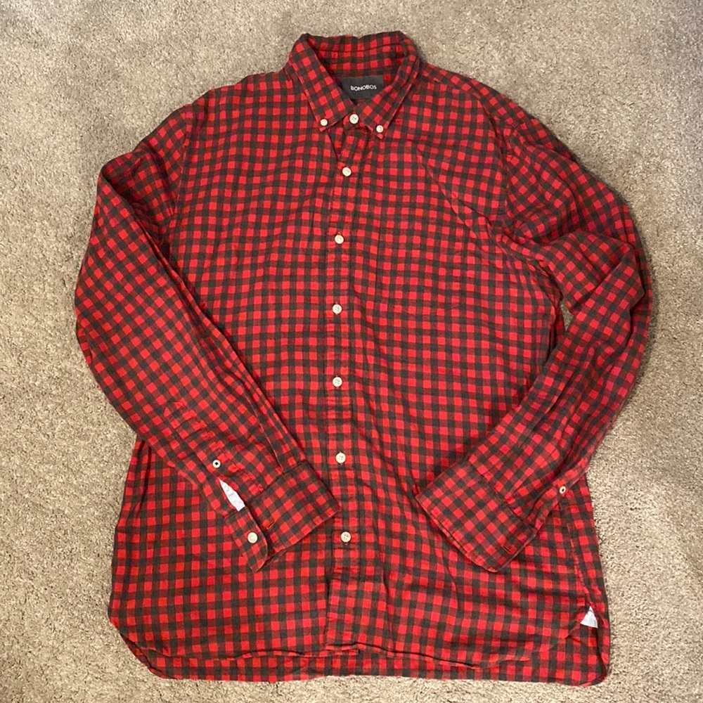 Bonobos Red and Grey Check Button Down, Slim Fit, Size L, EUC